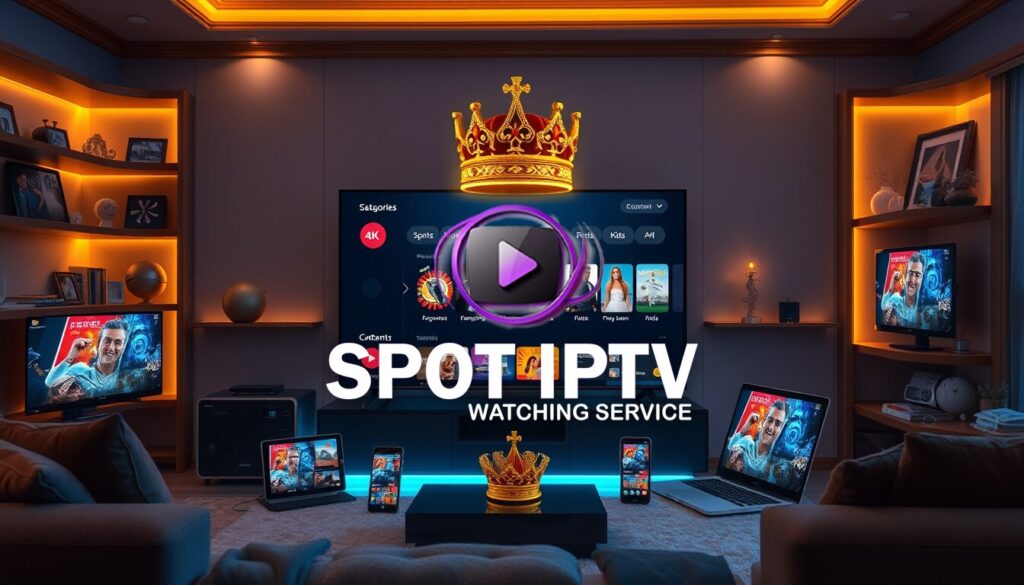King IPTV - Modern IPTV setup with gold crown and multiple streaming devices showing synchronized content